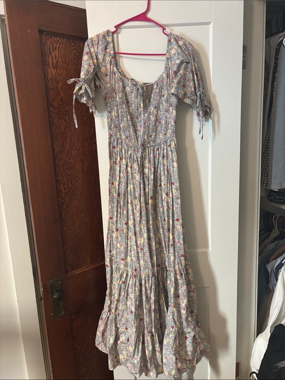 MISSLOOK Floral Maxi Dress in Gray with Red & Yellow Accents liberty fabric
